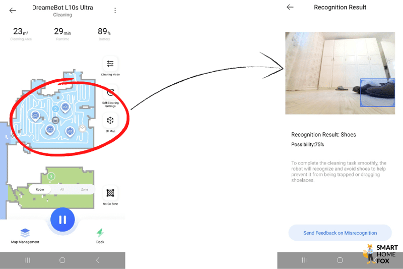 Der Dreame L10s Ultra umfährt Schuhe beim Objekterkennungstest.